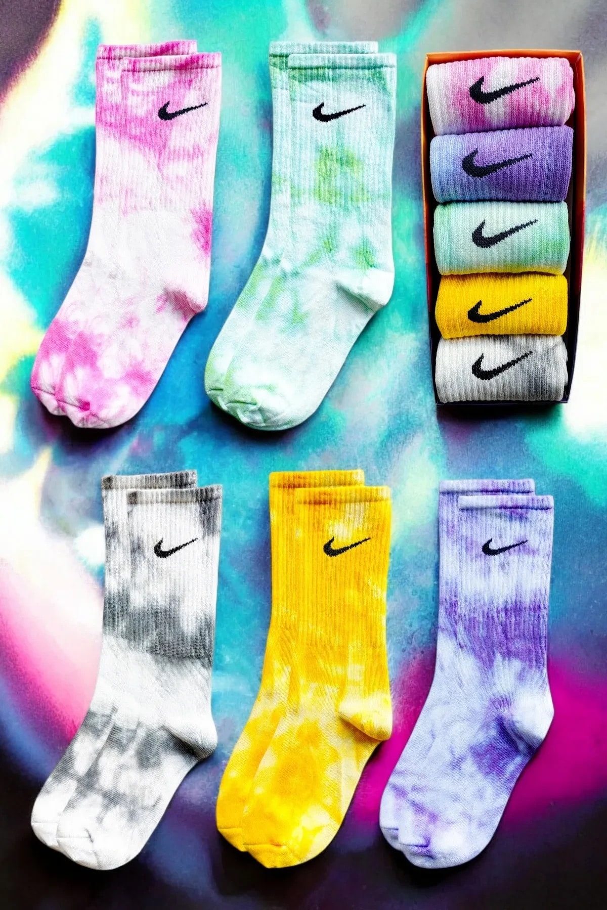 Nike 6'li Özel Kutusunda Desenli Karışık Renkli Unisex Çorap görsel 3